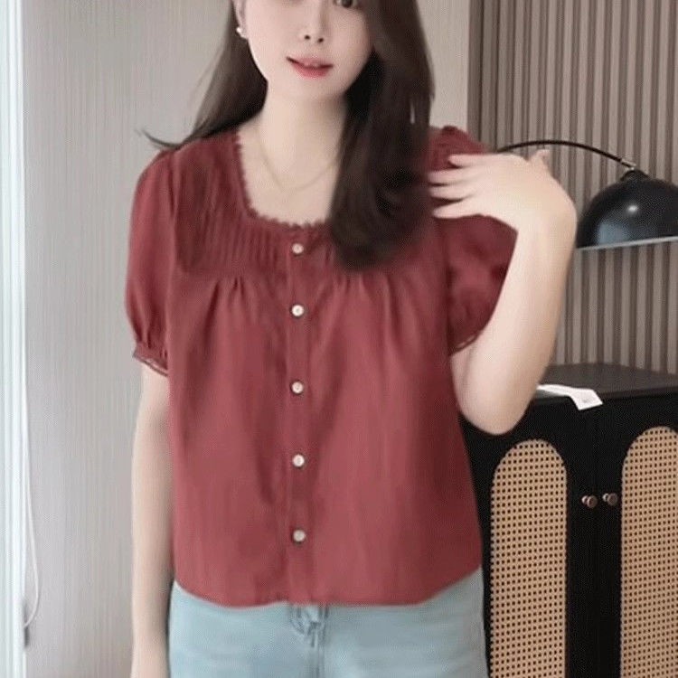 뚱뚱한 여성을 위한 특대 사이즈 150kg 프렌치 스타일 스퀘어 넥 반팔 셔츠 여성 여름 시크하고 아름다운 쉬폰 베이비돌 셔츠 탑 트렌디