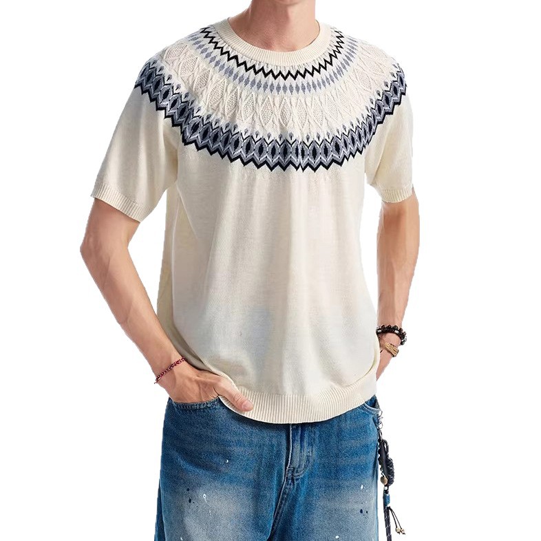 Isla de Fair camiseta de punto de manga corta camiseta de cuello redondo jacquard hombre viejo estilo casual hielo de verano fábrica transfronteriza mayorista