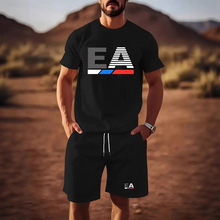 EA 条纹 英文图案印花三色 男两件套时尚休闲服春夏短袖T恤和短裤