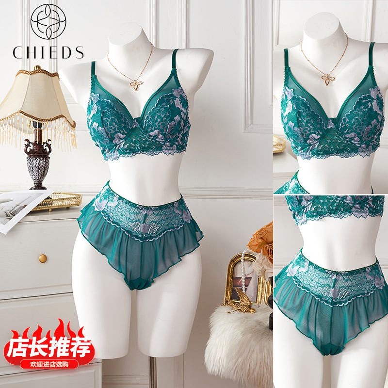 New Women's Sexy Lace Lingerie Set, Transparent Lace Deep V Bra Paired with Ruffled Lace Panties Set
