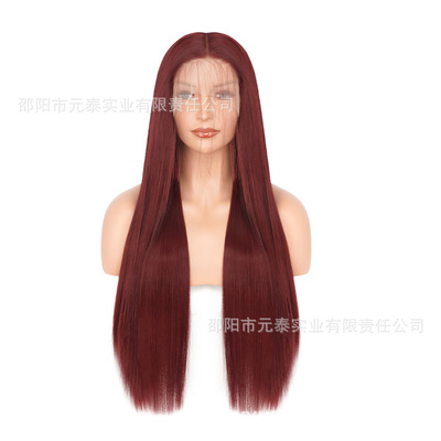 前蕾絲13*4假發酒紅色28英寸長直發化纖頭套爆款wigs斜劉海高溫絲