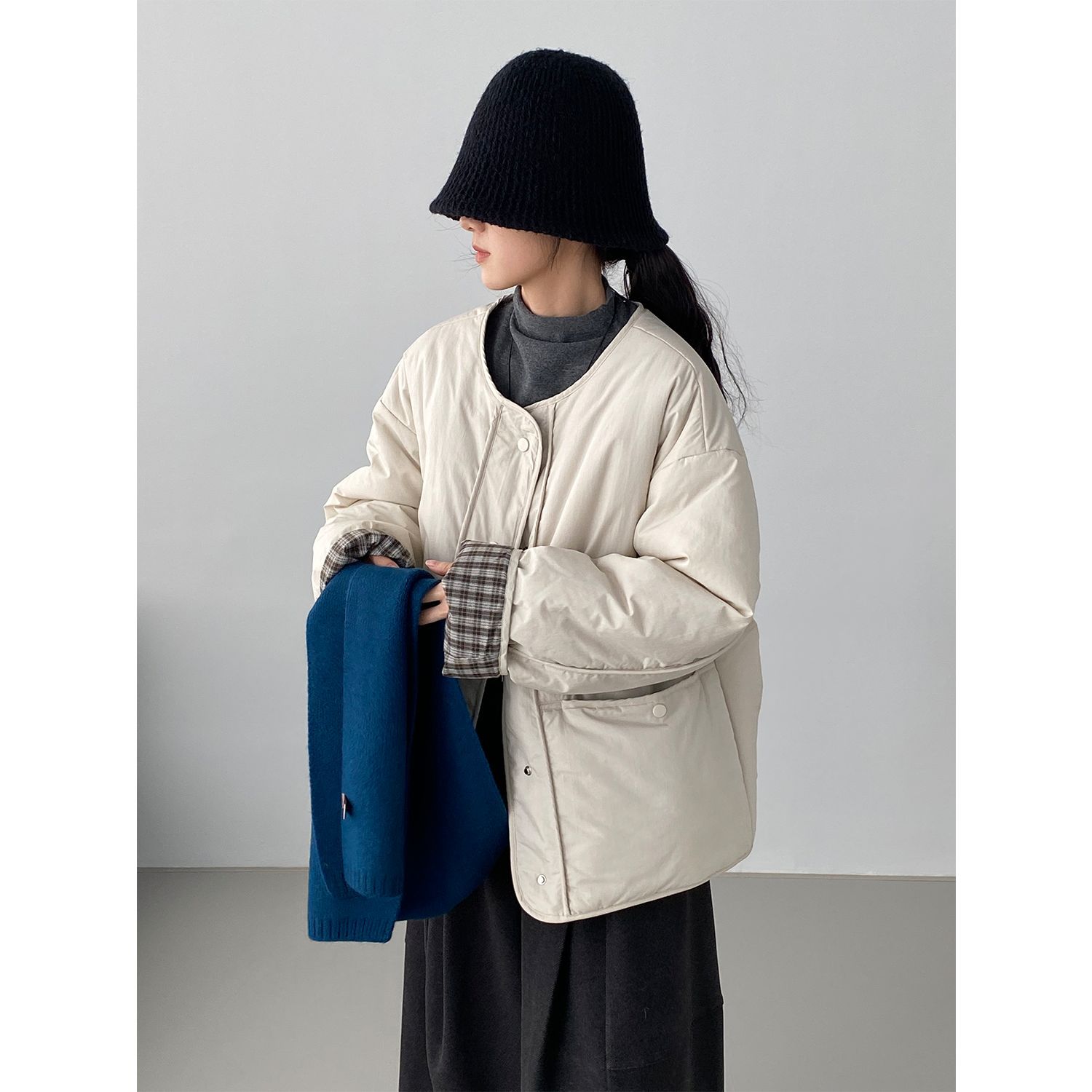 那末韩系宽松显瘦格子拼色面包服女圆领大口袋保暖棉衣外套5069