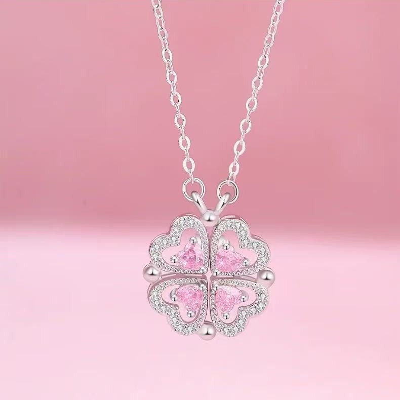 Heart-Shaped Clover Micro-Inlaid Zircon Necklace for Women 2025 New Magnetic Foldable Pendant Fashion Niche Clavicle Chain