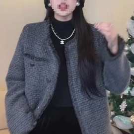 时髦小香风奶灰流苏边短外套女秋冬气质简约短款宽松长袖毛呢上衣
