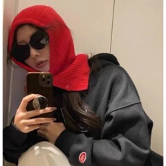 现货秋冬新款巴拉克拉法套头针织帽女围脖一体帽子保暖按扣毛线帽