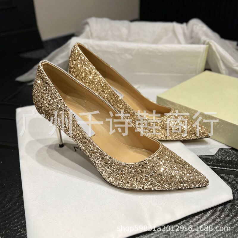 High-end JC pointed-toe high-heeled shoes for women, shallow-cut party shoes, stiletto heels, crystal sequin wedding shoes, bridal shoes High-end JC pointed-toe high-heeled shoes for women, shallow-cut party shoes, stiletto heels, crystal sequin wedding shoes, bridal shoes