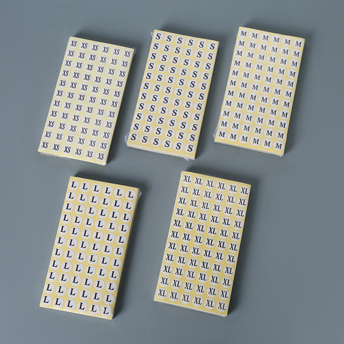 Circular white background, black text manufacturer's digital label size sticker for clothing and shoe size markings, wholesale