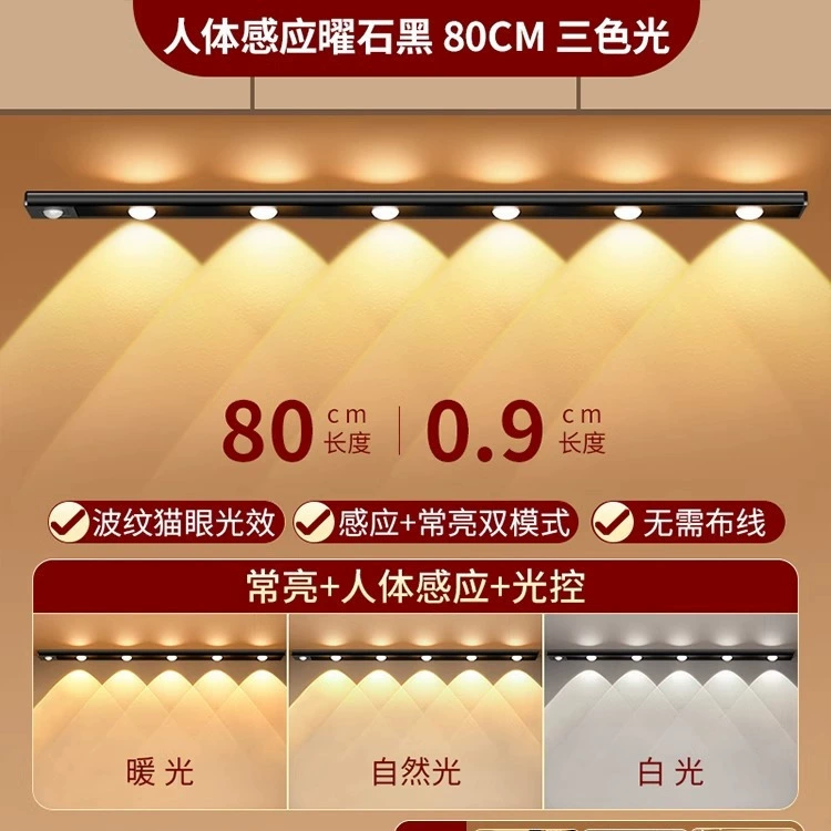 Zhicheng умная светодиодная лента для кошачьего глаза: перезаряжаемая самоклеящаяся подсветка шкафа с датчиком обнаружения человека