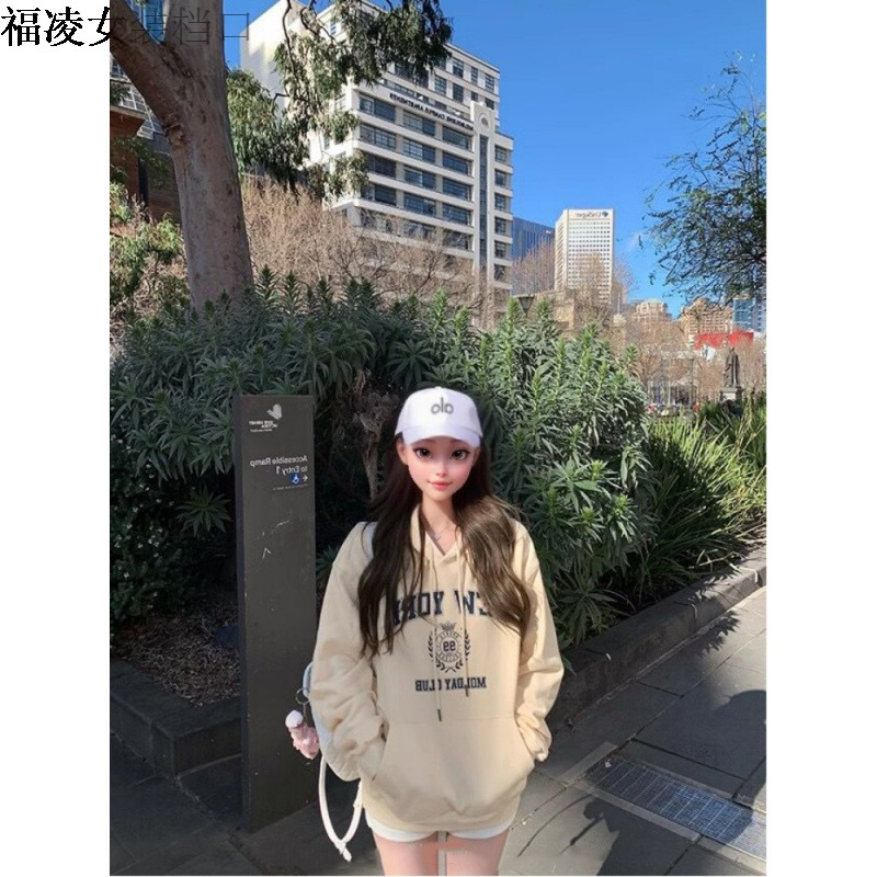 미국 지구 특대 레트로 인쇄 후드 스웨트 여성 가을 캐주얼 루즈 숄더 탑