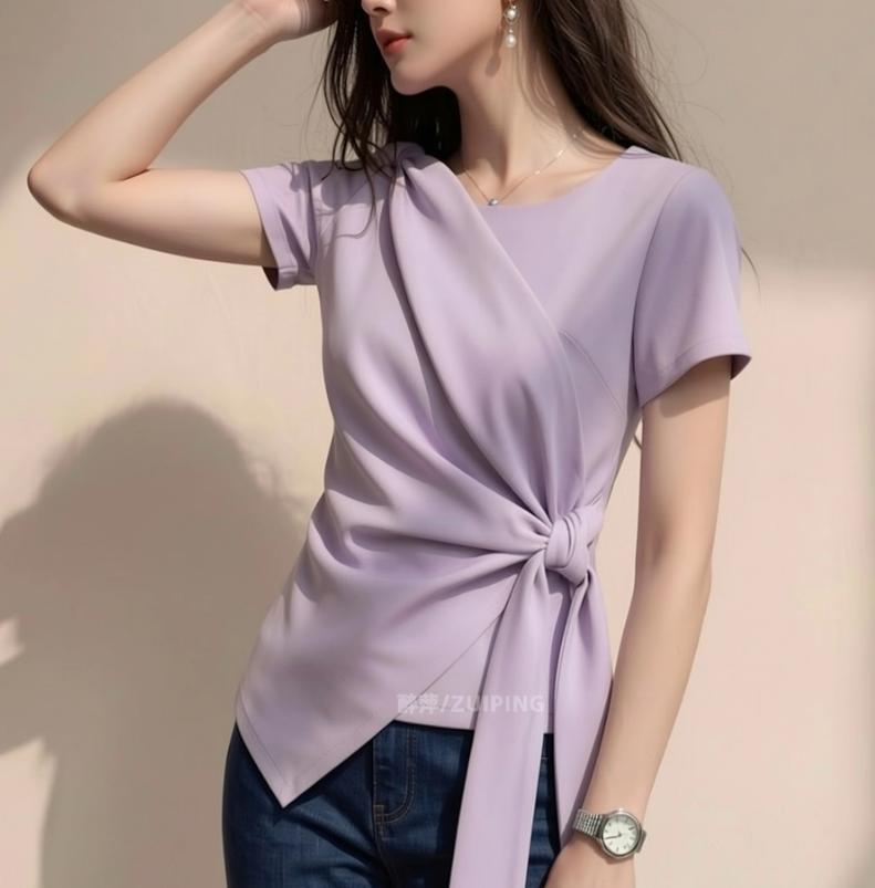 Áo thun nữ tay ngắn cổ tròn thiết kế dây rút eo phong cách Hàn Quốc — màu tím chi tiết 5