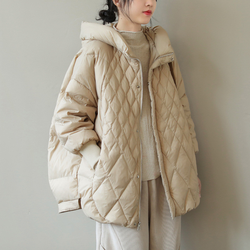 Cross-border autumn and winter New Korean style fashion down jacket Women's Mid-length loose hooded rhombus white duck down coat fashion Cross-border autumn and winter New Korean style fashion down jacket Women's Mid-length loose hooded rhombus white duck down coat fashion