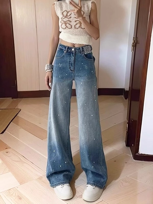 重工烫钻宽松显瘦阔腿直筒裤女秋季新款重工烫钻高级感牛仔裤蓝色|undefined