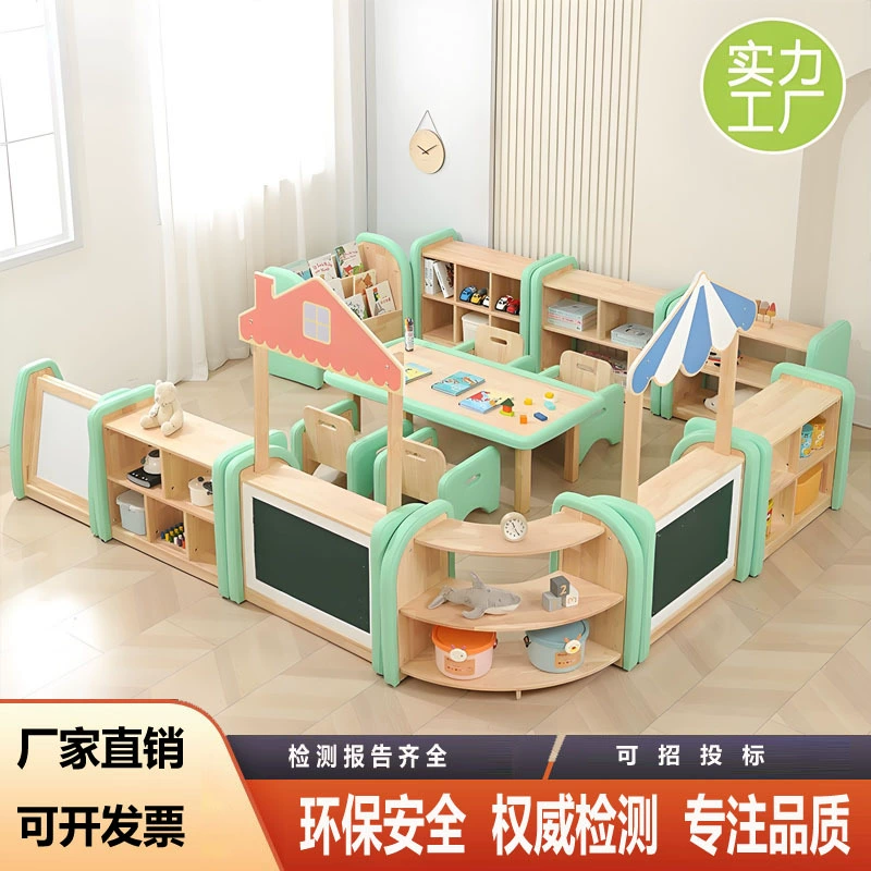 Угловой шкаф для детского сада, стол и стулья, детский мягкий диван, игрушечный книжный шкаф из цельного дерева, кожаный книжный шкаф для раннего образования, обучающие пособия Монтессори