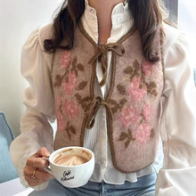 法式小众25年秋冬新款羊毛混纺针织无袖绑带上衣圆领百搭马甲背心