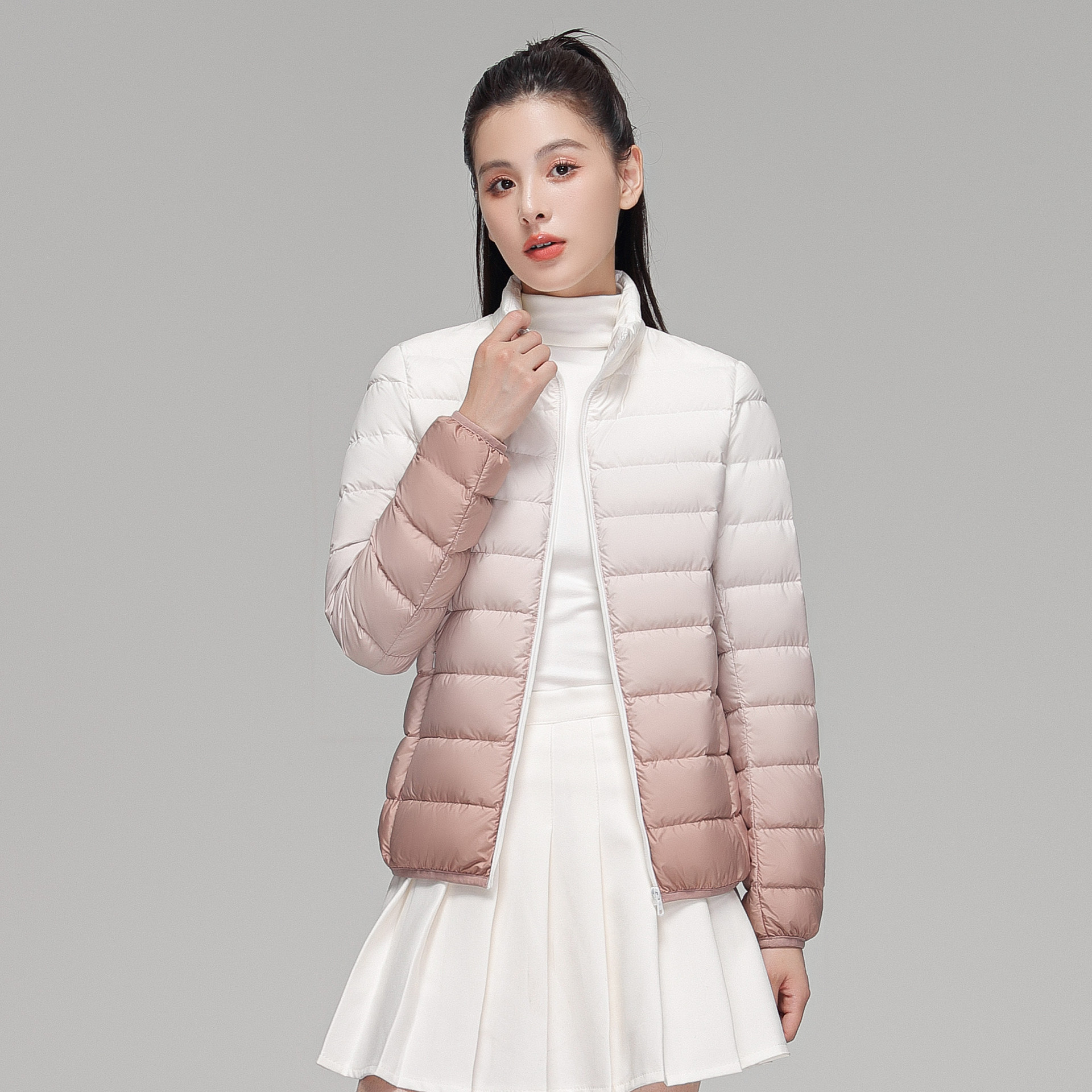 Transfronterizo Tik Tok otoño y invierno nuevo 90 camisa de plumón ligera cuello con capuchón de color gradiente de gran tamaño blanco