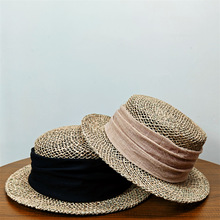 草帽法式复古海草编织镂空草编礼帽女夏季小檐短檐平顶草帽沙滩帽