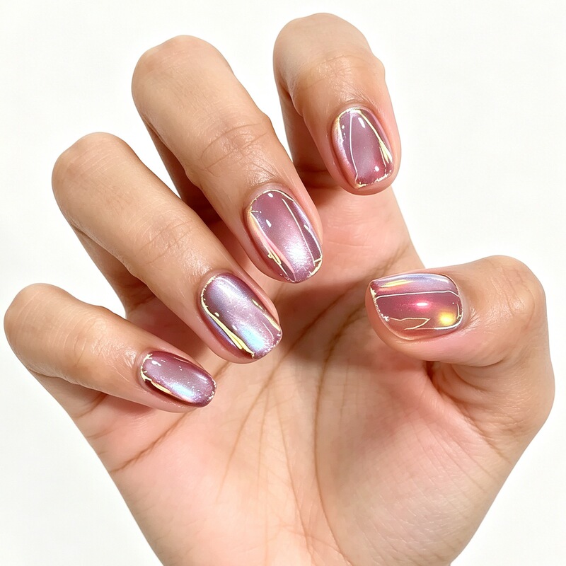 Wearable nail tips with a high-end, iridescent vibe, sand pink base color, holographic aurora cat-eye with iridescent polarized false nails Wearable nail tips with a high-end, iridescent vibe, sand pink base color, holographic aurora cat-eye with iridescent polarized false nails