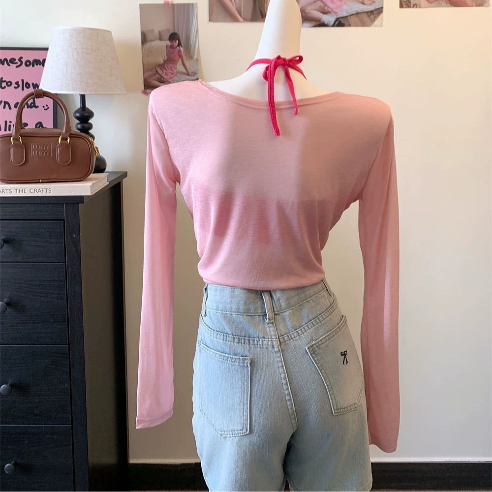 Summer sun protection clothing for students, silk thin long-sleeve, T-shirt, Korean style, UV protection