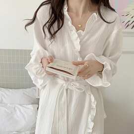 纯欲风性感荷叶边睡衣裙子女春秋薄款长款睡袍浴袍家居服睡裙晨袍