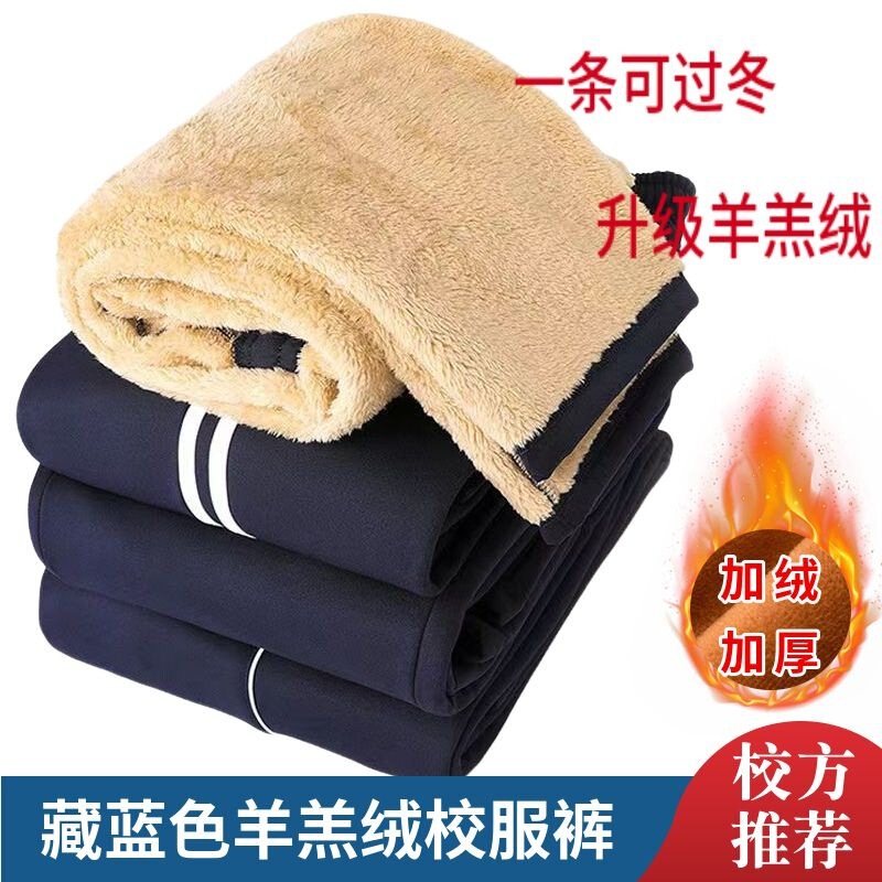 fleece-lined navy blue lamb fleece one bar two bars junior high school men's and women's winter thick straight tube school pants