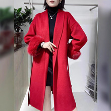 双面呢大衣女2025秋冬中长款红色高级感仿狐狸毛呢外套女羊绒大衣
