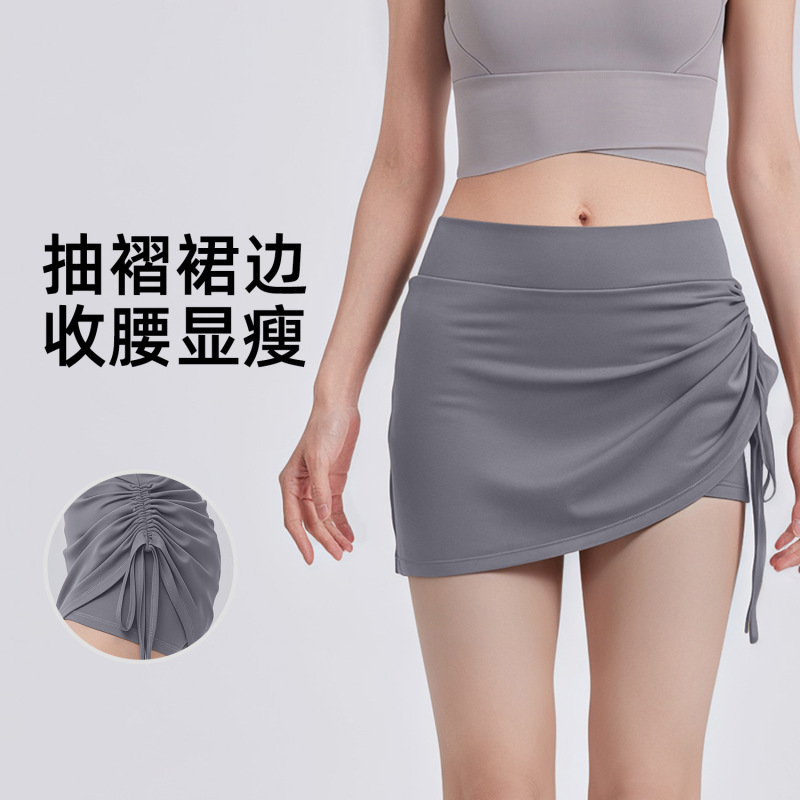 Fake Two-piece Shorts Women's High Waist Belly-tucker Slimming Tennis Culottes Side Drawstring Design Yoga Pants Anti-running Light Shorts