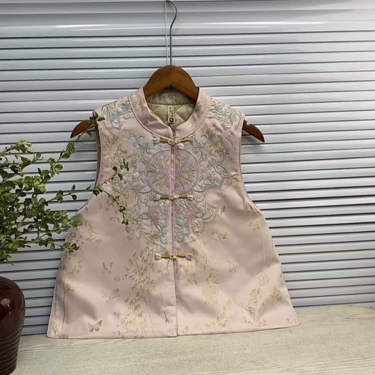 2024 жаккардовый жилет в китайском стиле с воротником-стойкой, новый тяжелый жаккардовый жилет с вышивкой, ретро-жилет на пуговицах