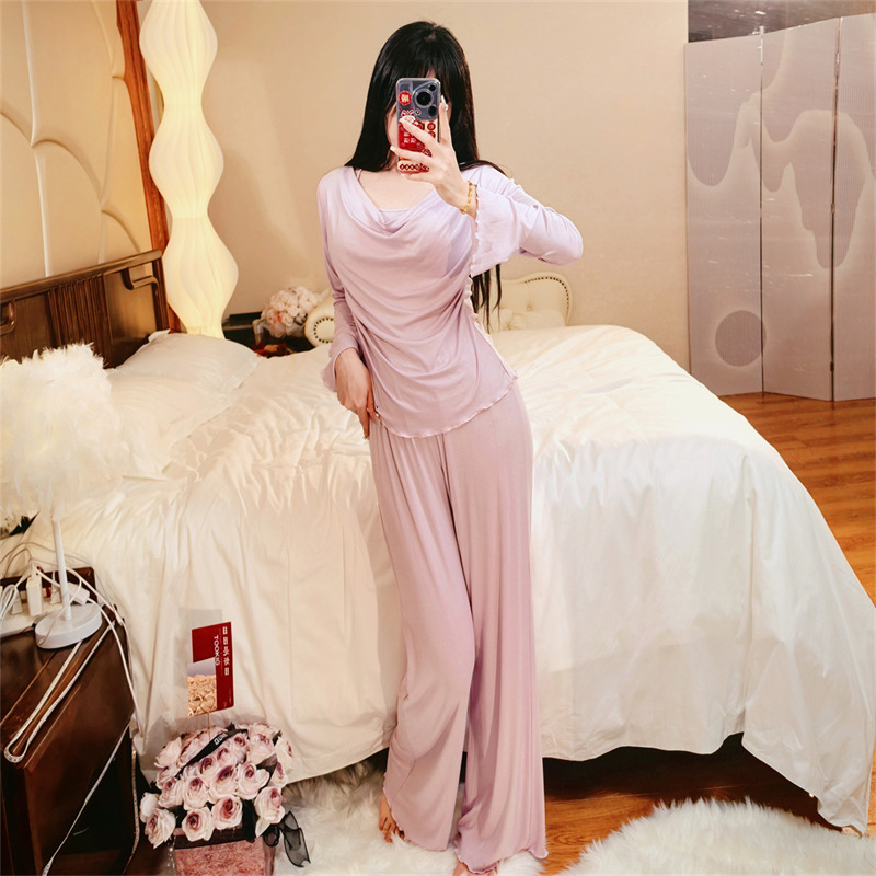 New Spring, Autumn, and Winter Modal Pajamas for Women, Pure Desire Style, Flared Collar, Chest Pad, Slightly Flared Long Sleeves, Two-Piece Loungewear Set