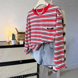 美式复古红色条纹长袖t恤女秋季2025新款宽松慵懒小众设计感上衣