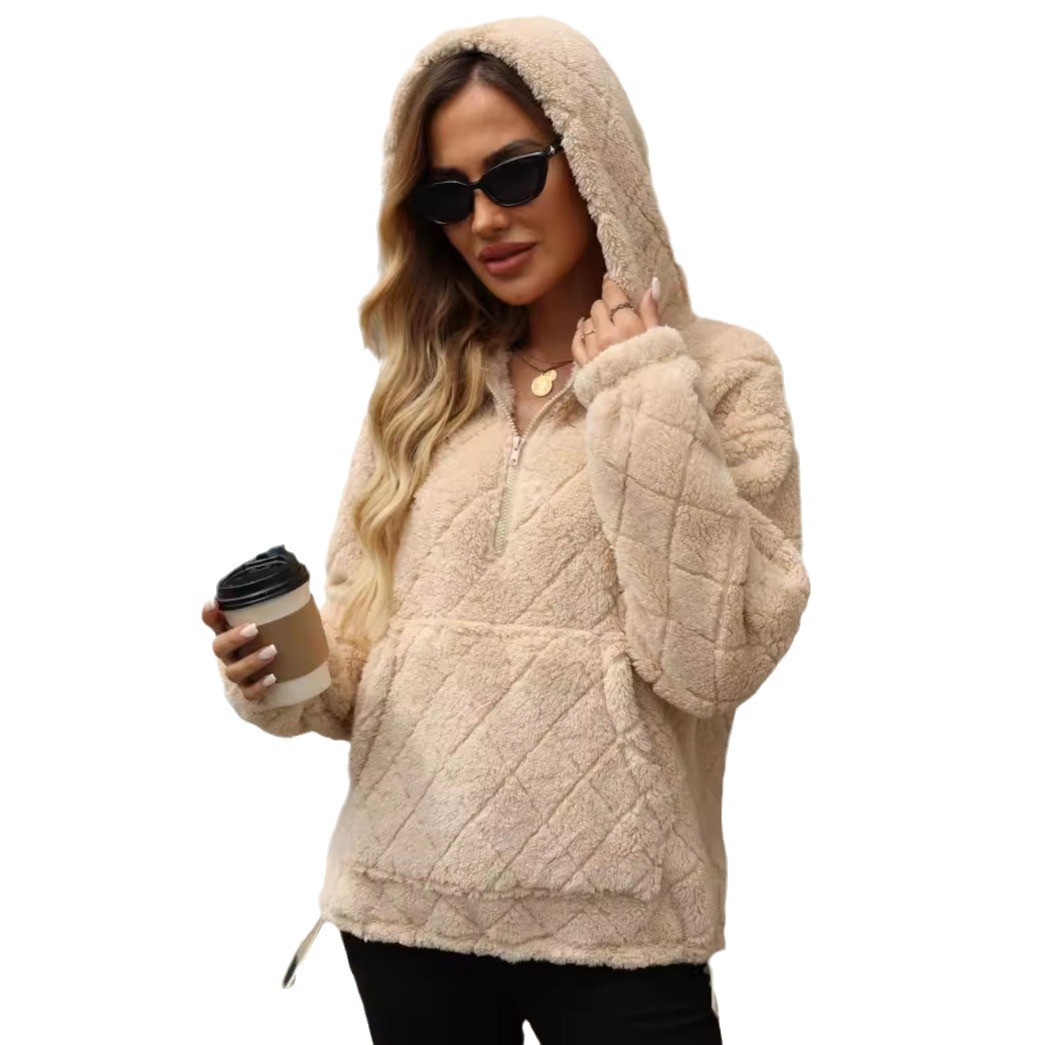 Women's Clothing Flash velvet 2024 autumn and winter new women's clothing loose half zip pullover hooded plush sweatshirt_voghion.com
