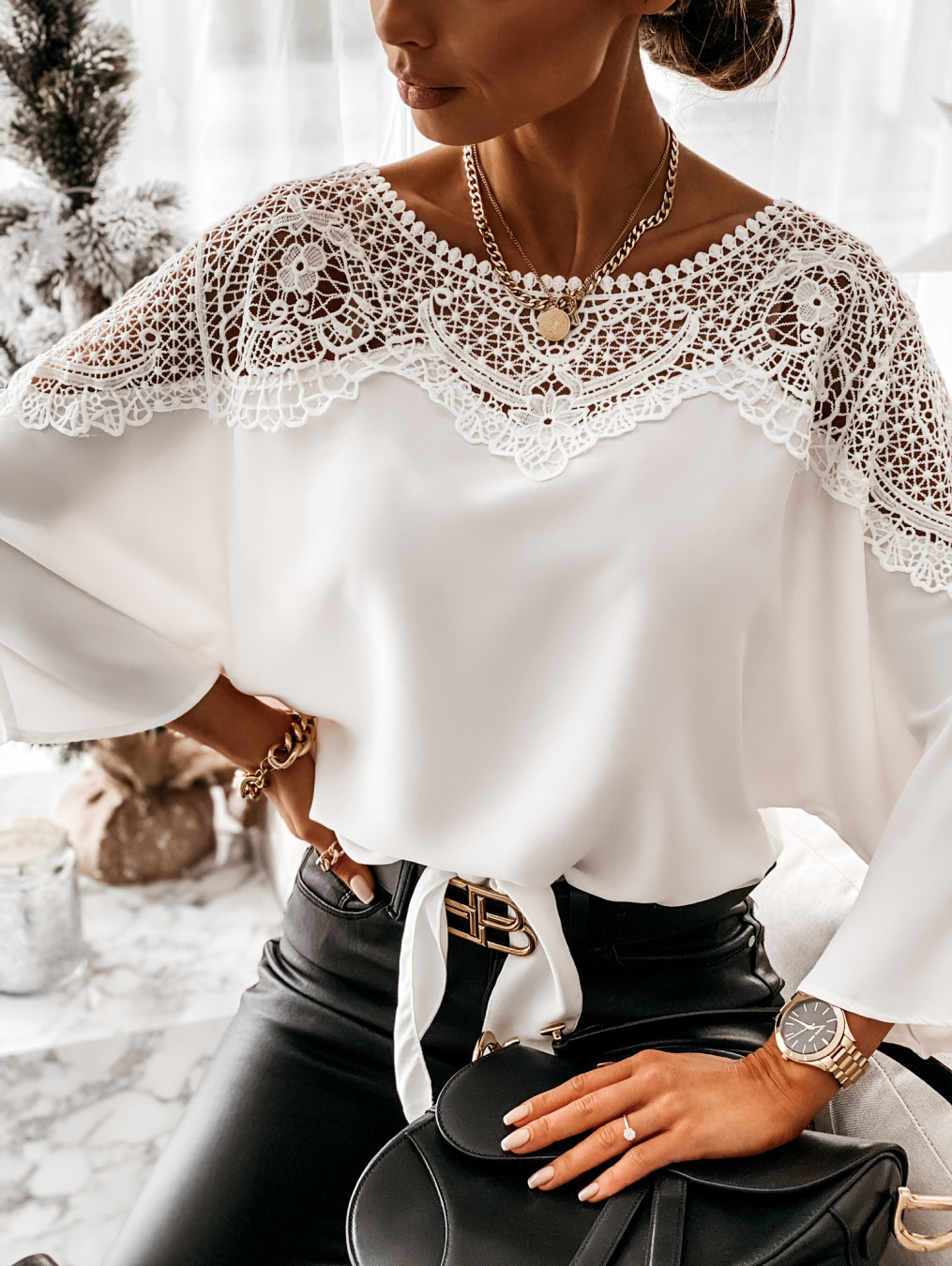 solid color long-sleeved lace shirt NSAXE43939