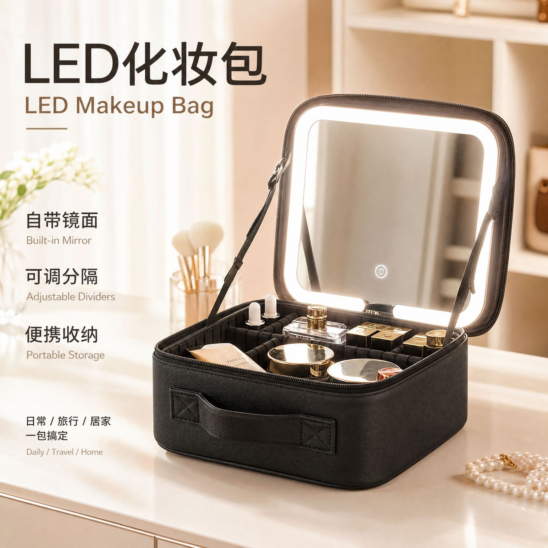 LED con iluminación espejo de pantalla completa bolsa de maquillaje portátil de mujer maquillaje bolsa de mano maquillaje caja de almacenamiento de maquillaje de gran capacidad