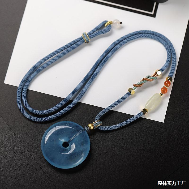 天然冰种海蓝宝项链 平安扣吊坠 蓝色水晶项链锁骨链一物一图新款|undefined