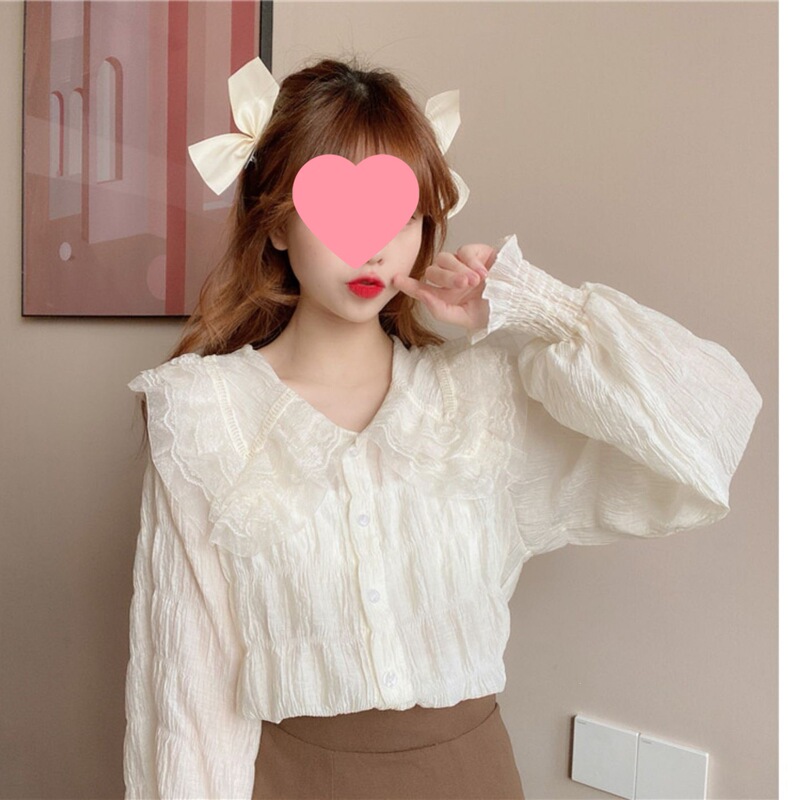 Doll Collar Puff Sleeve Shirt for Women, Thin Lace Chiffon Blouse, Long Sleeve, Suitable for Petite Women in Spring and Autumn Doll Collar Puff Sleeve Shirt for Women, Thin Lace Chiffon Blouse, Long Sleeve, Suitable for Petite Women in Spring and Autumn