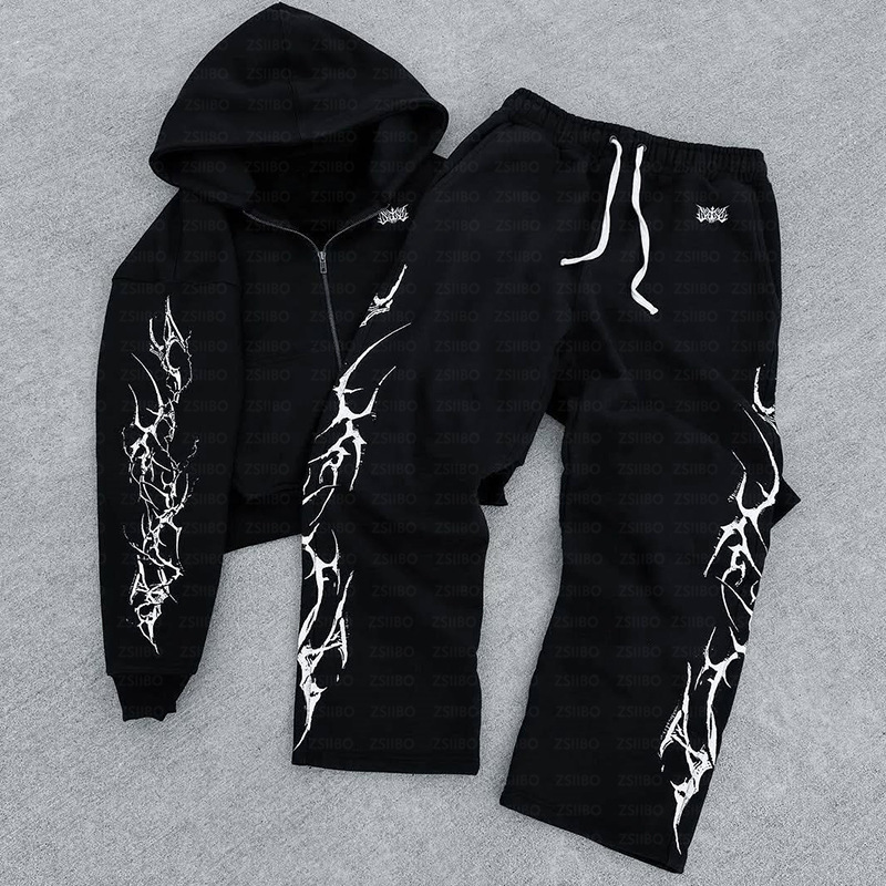 Vintage Punk Complex Design Printed Zipper Cardigan Hoodie European and American Foreign Trade Amazon Women's Wholesale Sweatshirt and Sweatpants