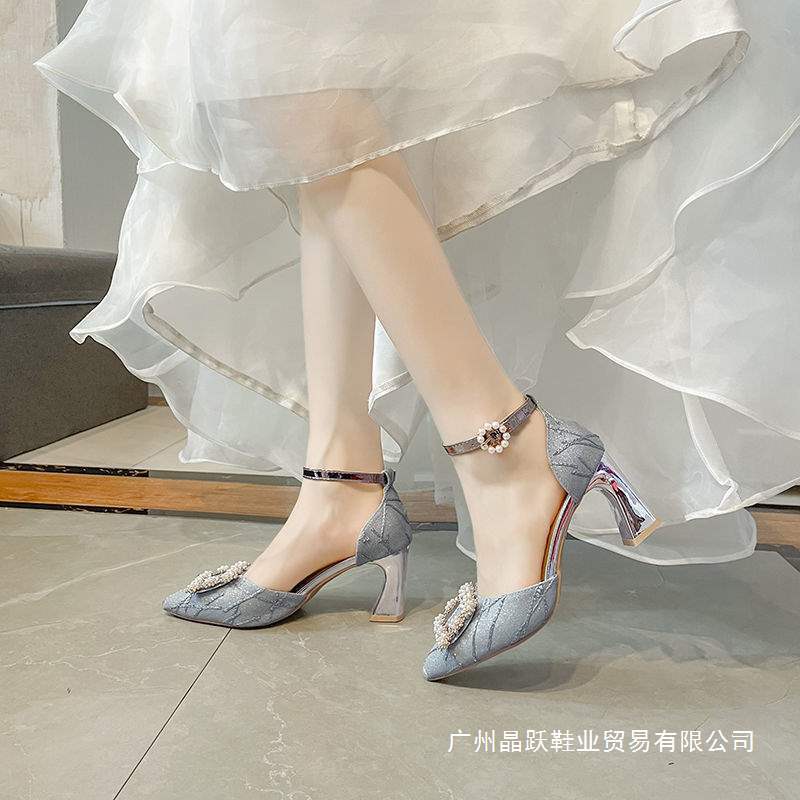 5cm Kitten Heels 7cm Sandals Mid-Low Heel Women's Shoes Single Strap Pearl Hollow Pointed High Heels Stiletto Heels