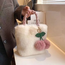 可爱少女樱桃毛绒手提包包女小众新款秋冬大容量毛毛包单肩斜挎包