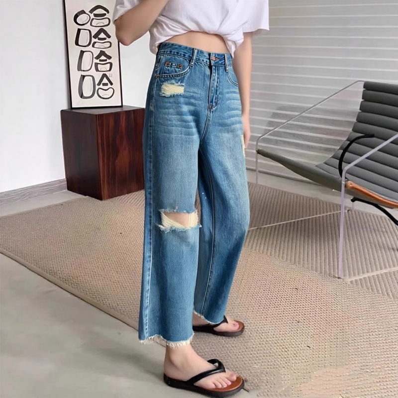 Blue Tencel Non-Stretch Frayed Hem Ripped Straight-Leg Pants 2026 Summer Fashion High-Waisted Petite Cropped Jeans for Women