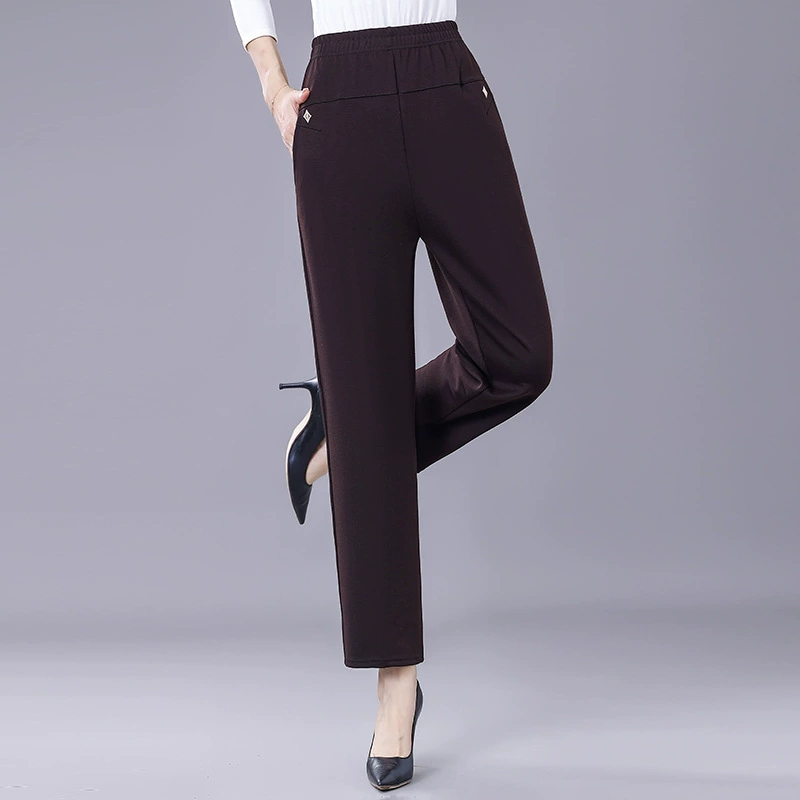 Женские брюки среднего и пожилого возраста весна и осень новый стиль с высокой талией мама брюки большие размеры прямые брюки эластические талия свободная повседневная