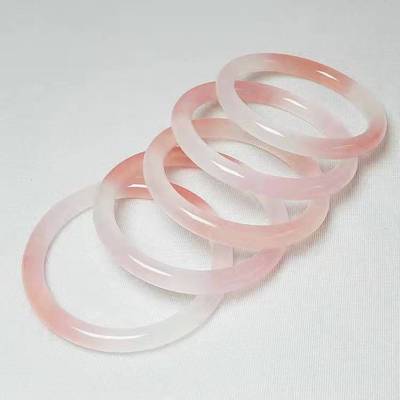 冰种石英岩玉藕粉手镯 女款金丝玉浅粉圆条玉石镯子直播货源批发