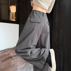 洗水棉灰色阔腿裤女秋季慵懒风高腰显瘦遮胯宽松直筒气球裤长裤子