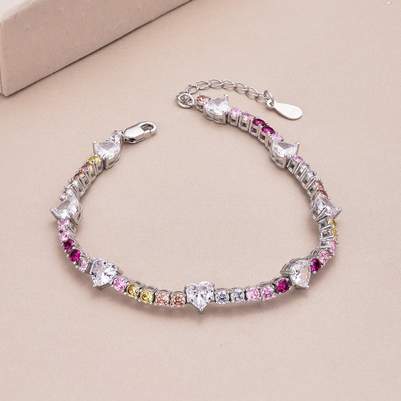 S925 sterling silver Love bracelet women's fashion light luxury high-grade heart-shaped diamond inlaid zircon rainbow tennis chain wholesale