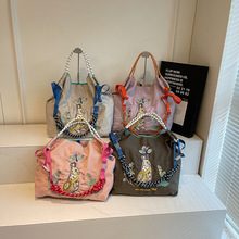 高圆圆同款日本可爱兔子刺绣环保购物袋尼龙手提轻便单肩斜挎大包