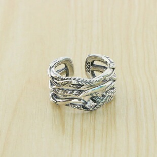 Hollow Feather S925 Sterling Silver Ring Personality Ladies Korean Double-Layer Wide Face Opening Fashion Personality Retro Index