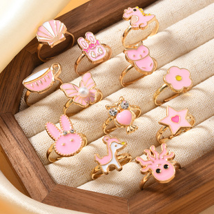 Cross-Border Hot Sale 12 Pieces of Lucky Color Series Cartoon-Shaped Zinc Alloy Open Rings, Simple and Cute