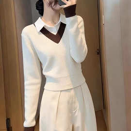 秋冬季假两件领针织衫毛衣女洋气百搭拼接打底衫宽松大码上衣