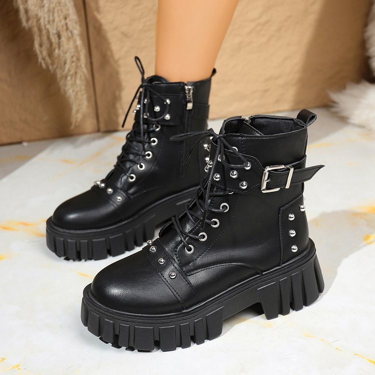 2025 New Cross-Border Trade Large-Size Studded Belt Buckle Thick-Soled Short Boots for Petite Individuals, Large-Size Lace-Up Martin Boots