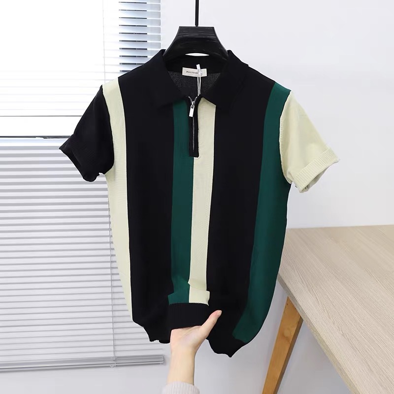 Polo camiseta camiseta de punto camiseta de manga corta camiseta de hombre a rayas solapa medio cremallera vieja fábrica de hielo de verano transfronteriza mayorista