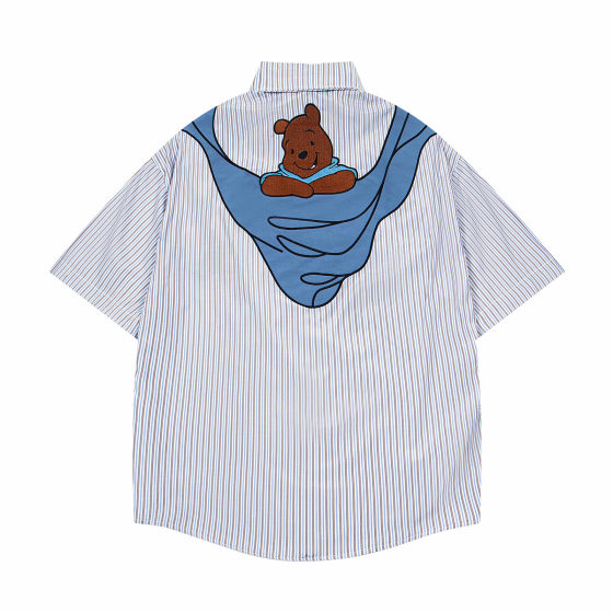 American Style Retro Childish Bear Embroidered Striped Short-sleeved Shirt Men's and Women's 2025 Summer Loose Casual All-match Shirt