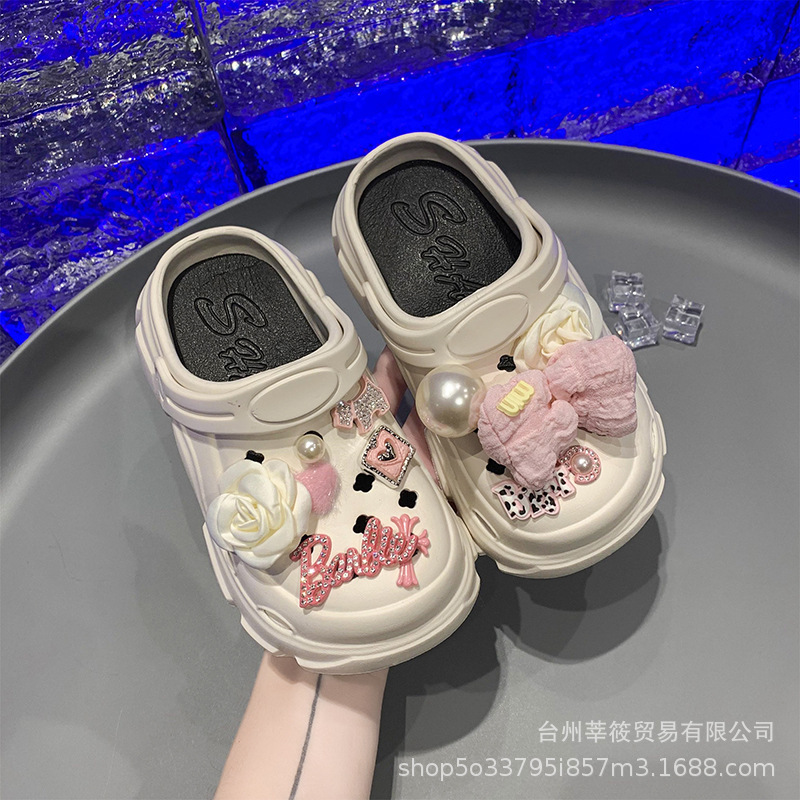 Internet Celebrity Fried Street Cute Fairy Style Bow Hole Shoes Women's 2024 Summer New Thick Sole Two-Wearing Sandals with Baotou